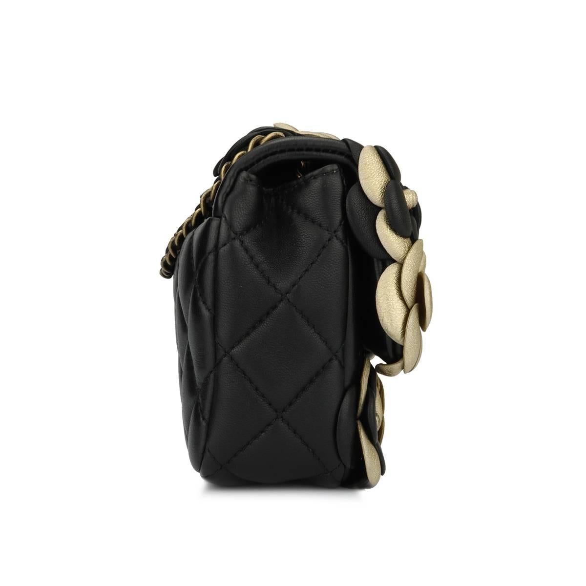 Chanel Camellia Mini Black / Gold Lambskin bag with Antique Gold Hardware, 2015 In Excellent Condition In Huddersfield, GB