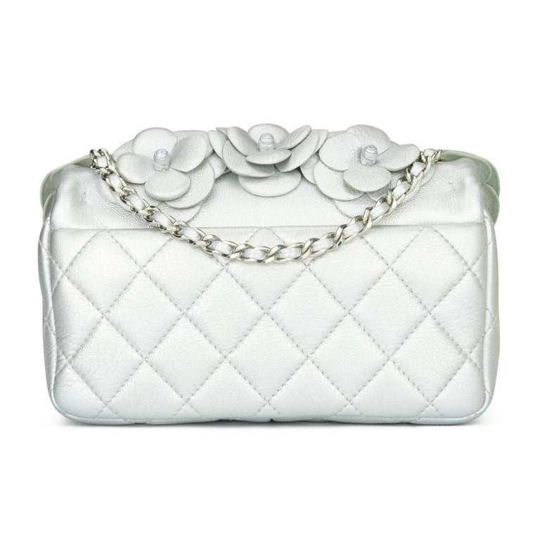 CHANEL Camellia Mini Flap Bag Metallic Silver Lambskin with Silver Hardware  2016 For Sale at 1stDibs