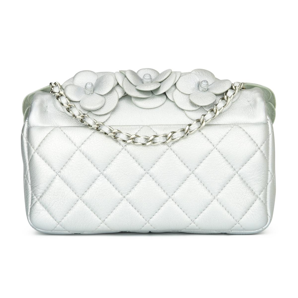 CHANEL Camellia Mini Flap Bag Metallic Silver Lambskin with Silver Hardware 2016 In Excellent Condition In Huddersfield, GB