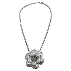 CHANEL Camellia Necklace in Silver Plate Metal