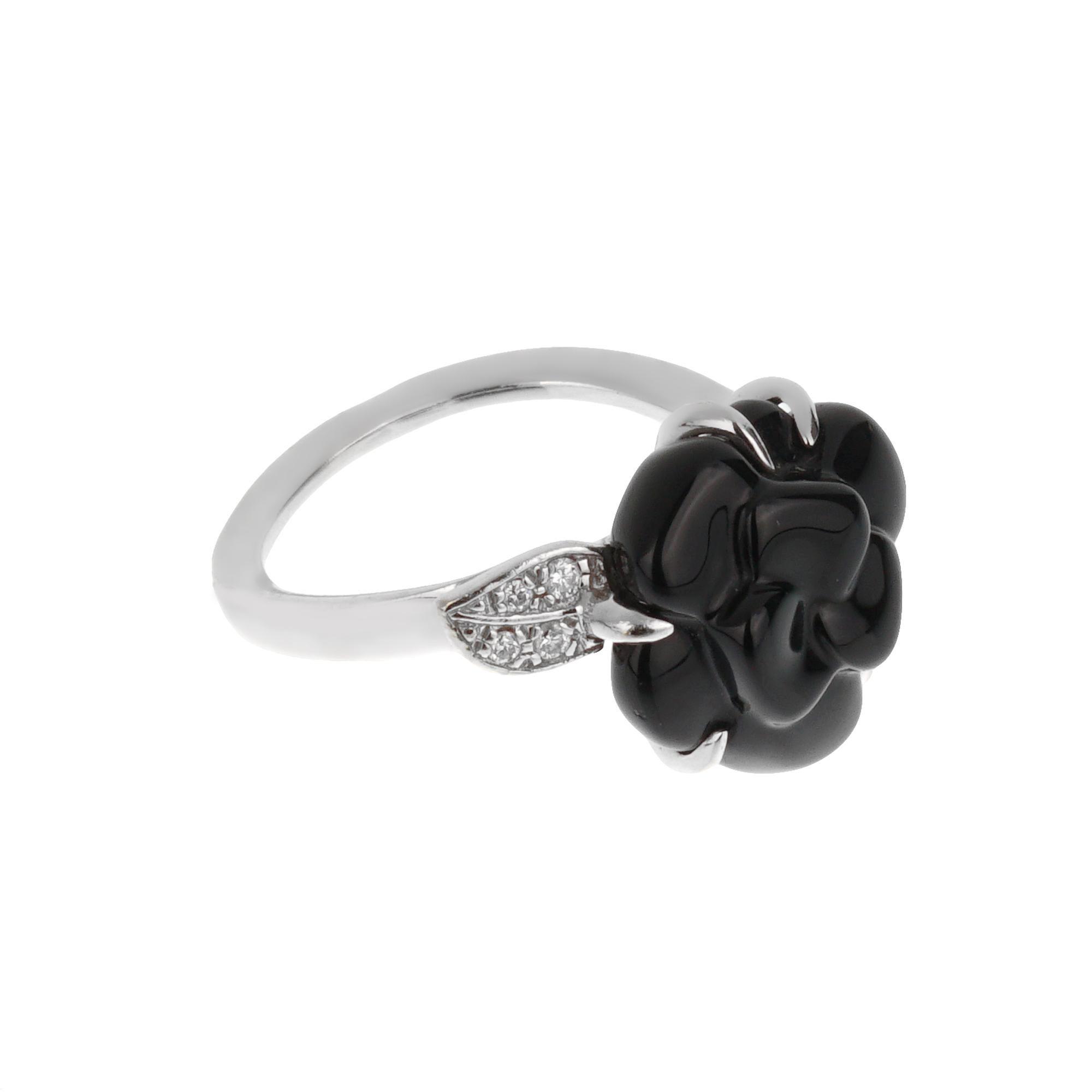 Chanel Camellia Onyx Diamond 18k White Gold Cocktail Ring In Excellent Condition In Feasterville, PA