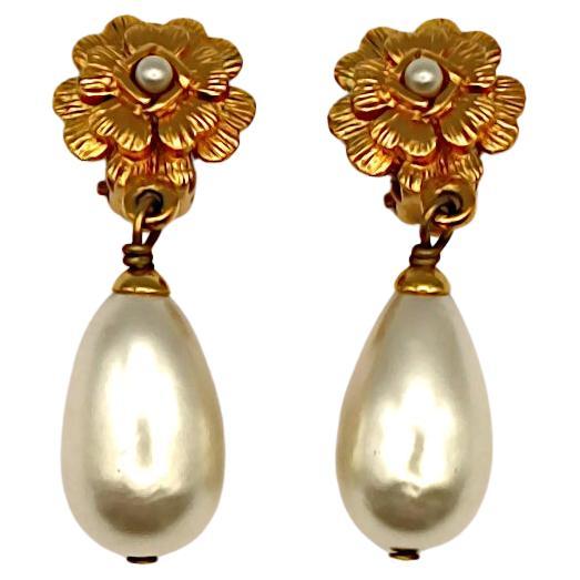 CHANEL Camellia Pearl Dangle Earrings, Fall 1995