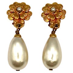 CHANEL Camellia Pearl Dangle Earrings, Fall 1995