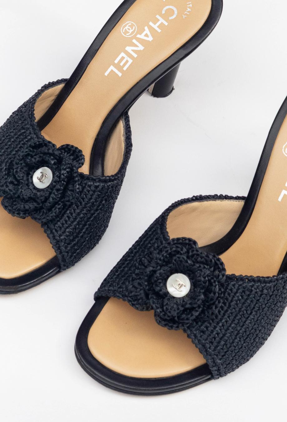 Black Chanel Camellia Raffia Mule Heels Sz 37 For Sale