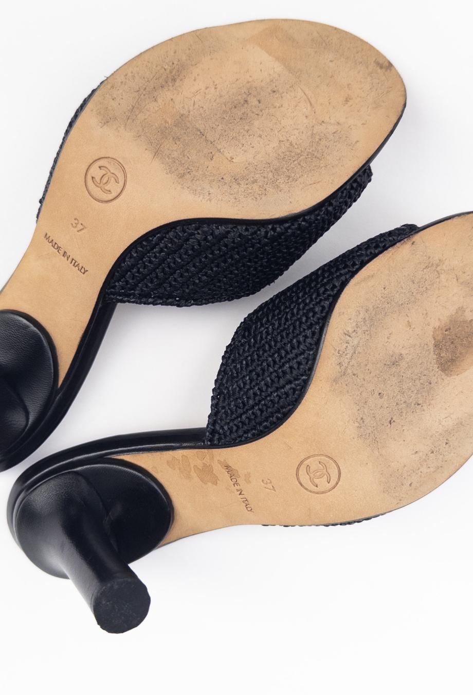 Women's or Men's Chanel Camellia Raffia Mule Heels Sz 37 For Sale