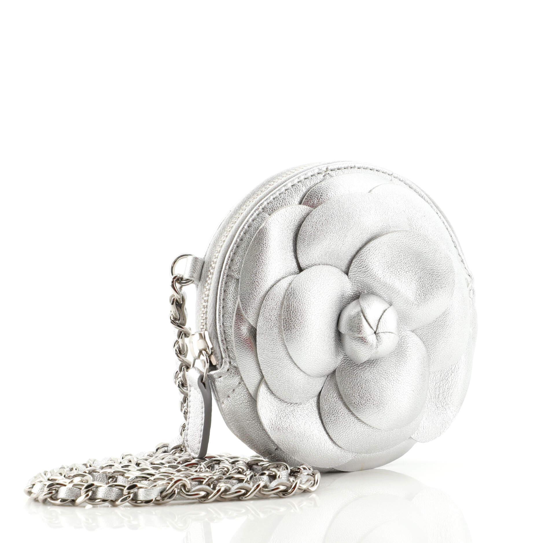 Gray Chanel Camellia Round Clutch with Chain Lambskin