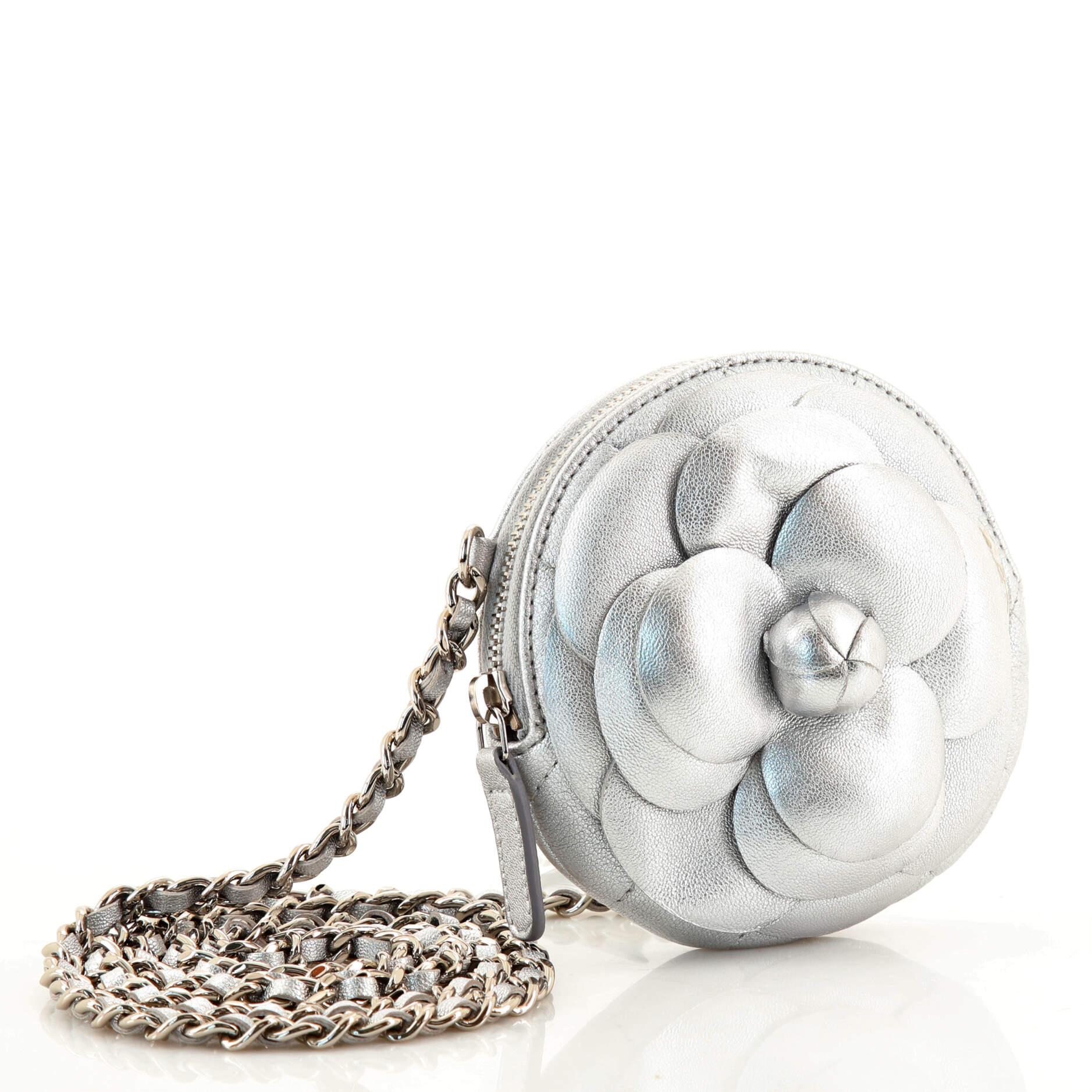 Gray Chanel Camellia Round Clutch with Chain Lambskin
