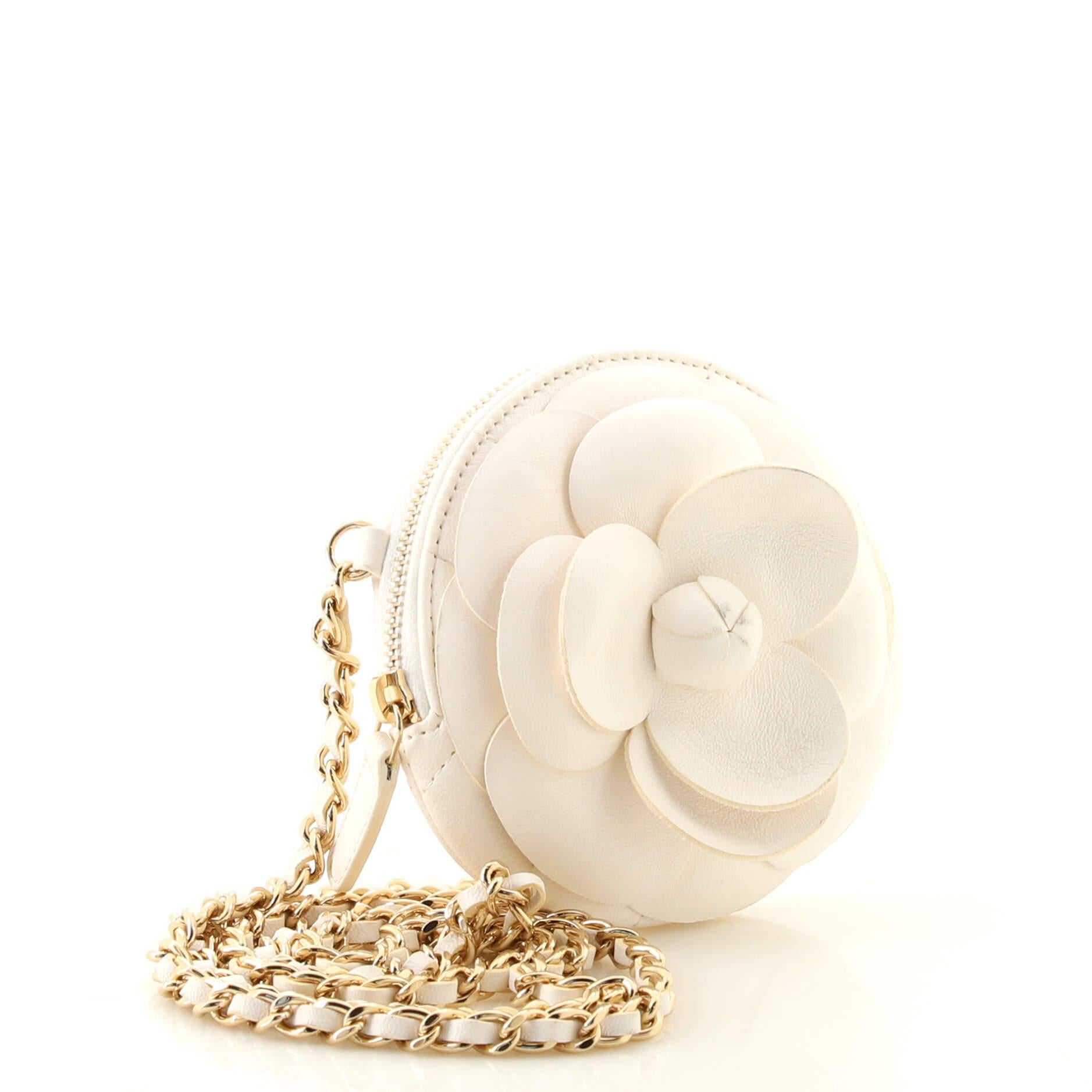 Chanel Camellia Round Clutch with Chain Lambskin In Good Condition In NY, NY