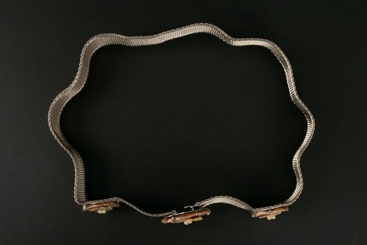 Brown Chanel Camellia Silver Plated Belt Fall, 1998  For Sale