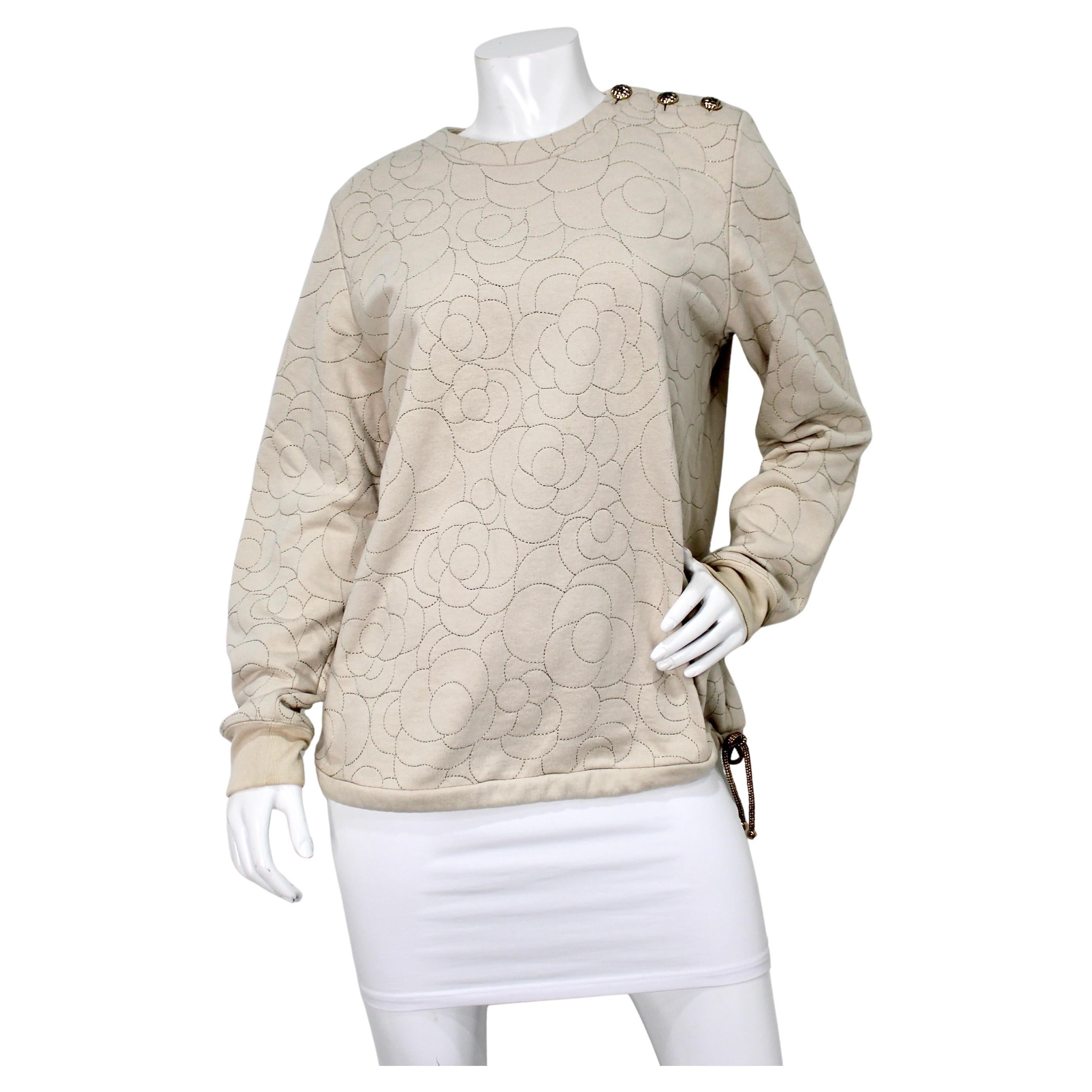 Chanel Camellia Stitched Beige Cotton Crewneck Sweatshirt circa 2018