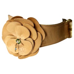 Chanel Camellia Tan Leather Vintage Choker Necklace