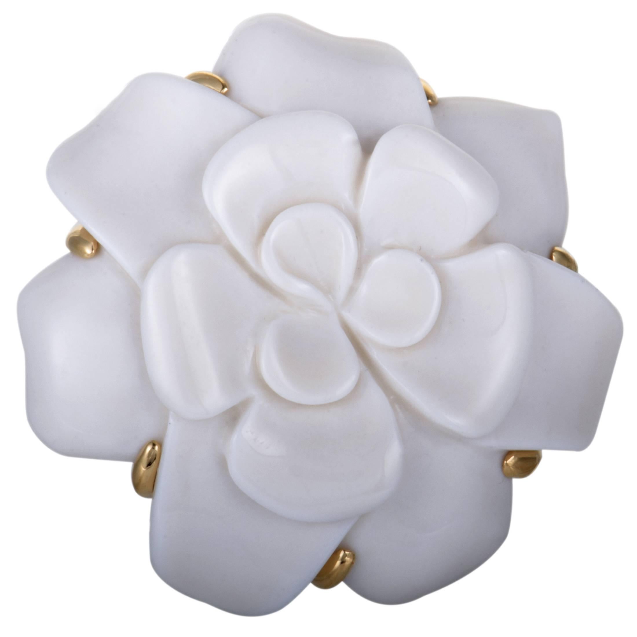 Chanel Camellia White Onyx Yellow Gold Brooch
