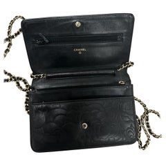 Chanel Camellia WOC Wallet On Chain Black Lambskin Leather