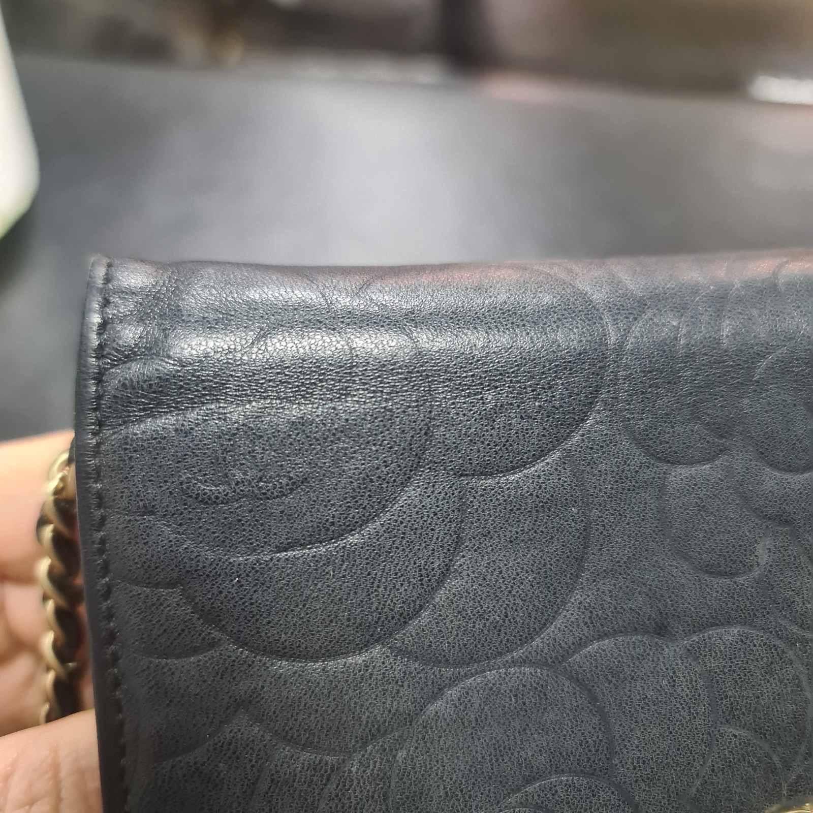Women's Chanel Camellia WOC Wallet On Chain Black Lambskin Leather 