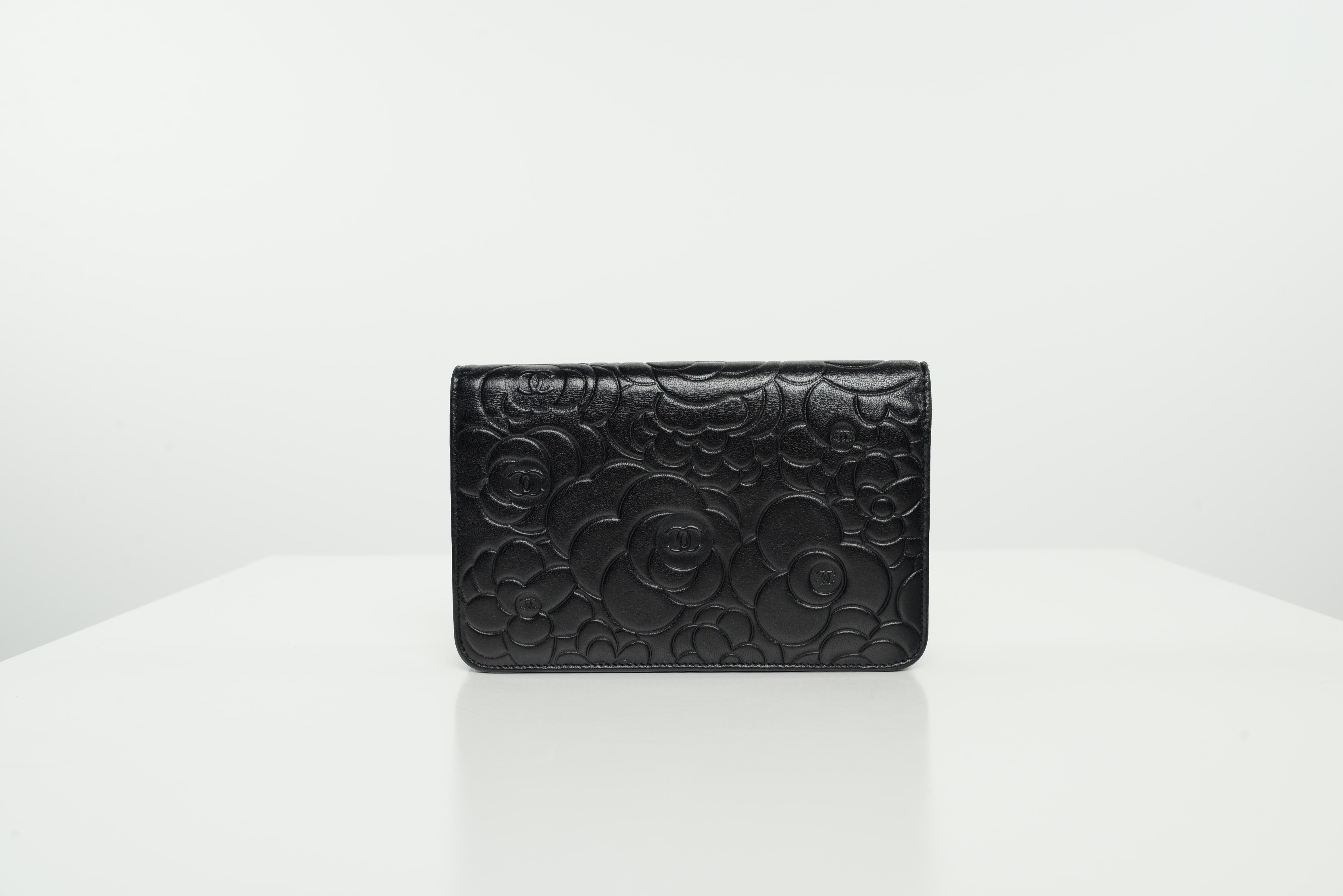 Women's or Men's Chanel Camellia WOC Wallet On Chain Black Lambskin Leather 