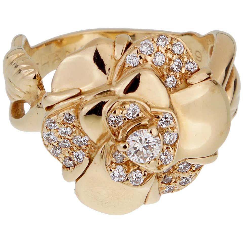 Authentic Chanel Rings Chanel Camellia Yellow Gold Diamond Ring at 1stDibs