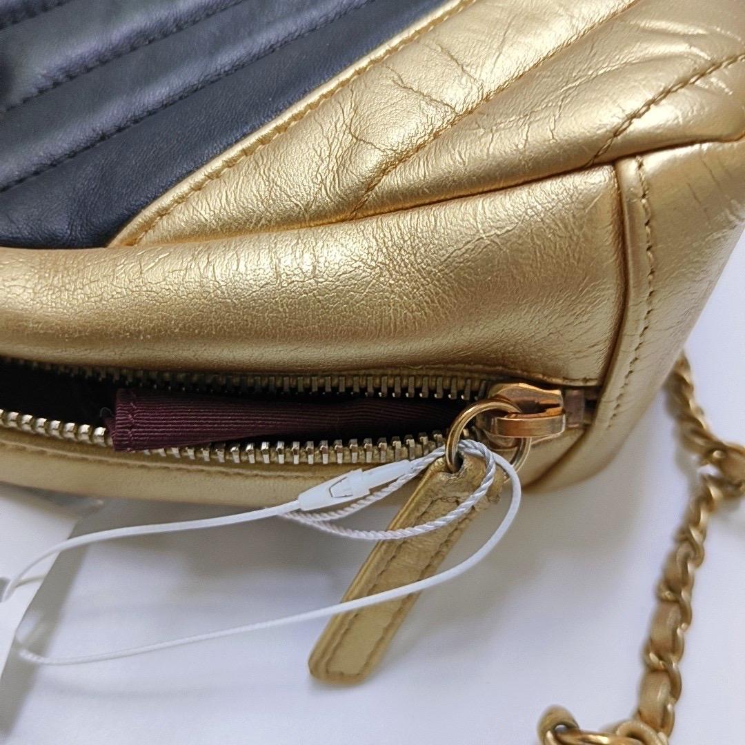 Chanel Camera Bag Chevron Stitching Black Gold Lambskin Leather Double Chain For Sale 6