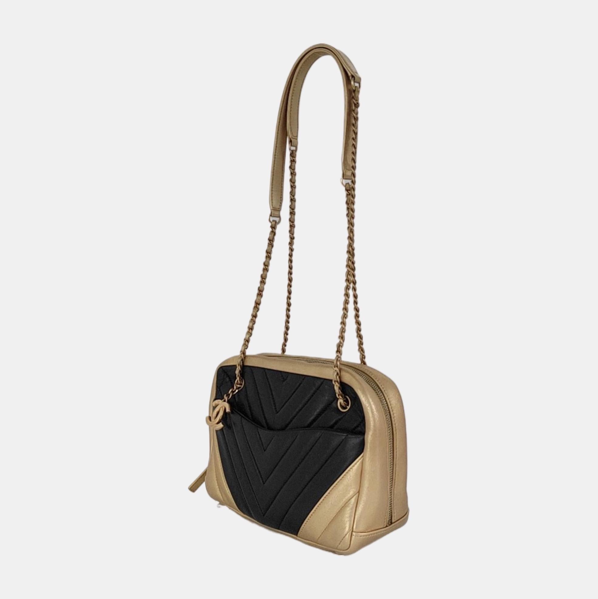 Women's Chanel Camera Bag Chevron Stitching Black Gold Lambskin Leather Double Chain For Sale