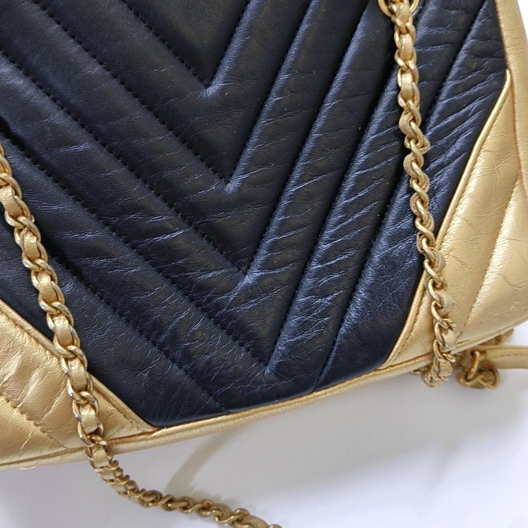 Chanel Camera Bag Chevron Stitching Black Gold Lambskin Leather Double Chain For Sale 1