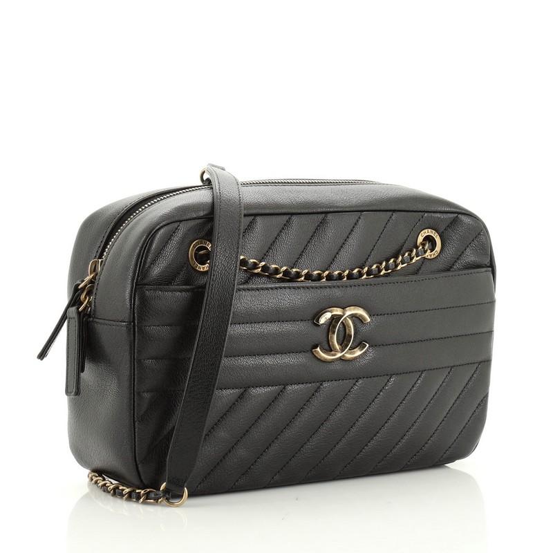 Black Chanel Camera Bag Diagonal Quilted Goatskin Small 
