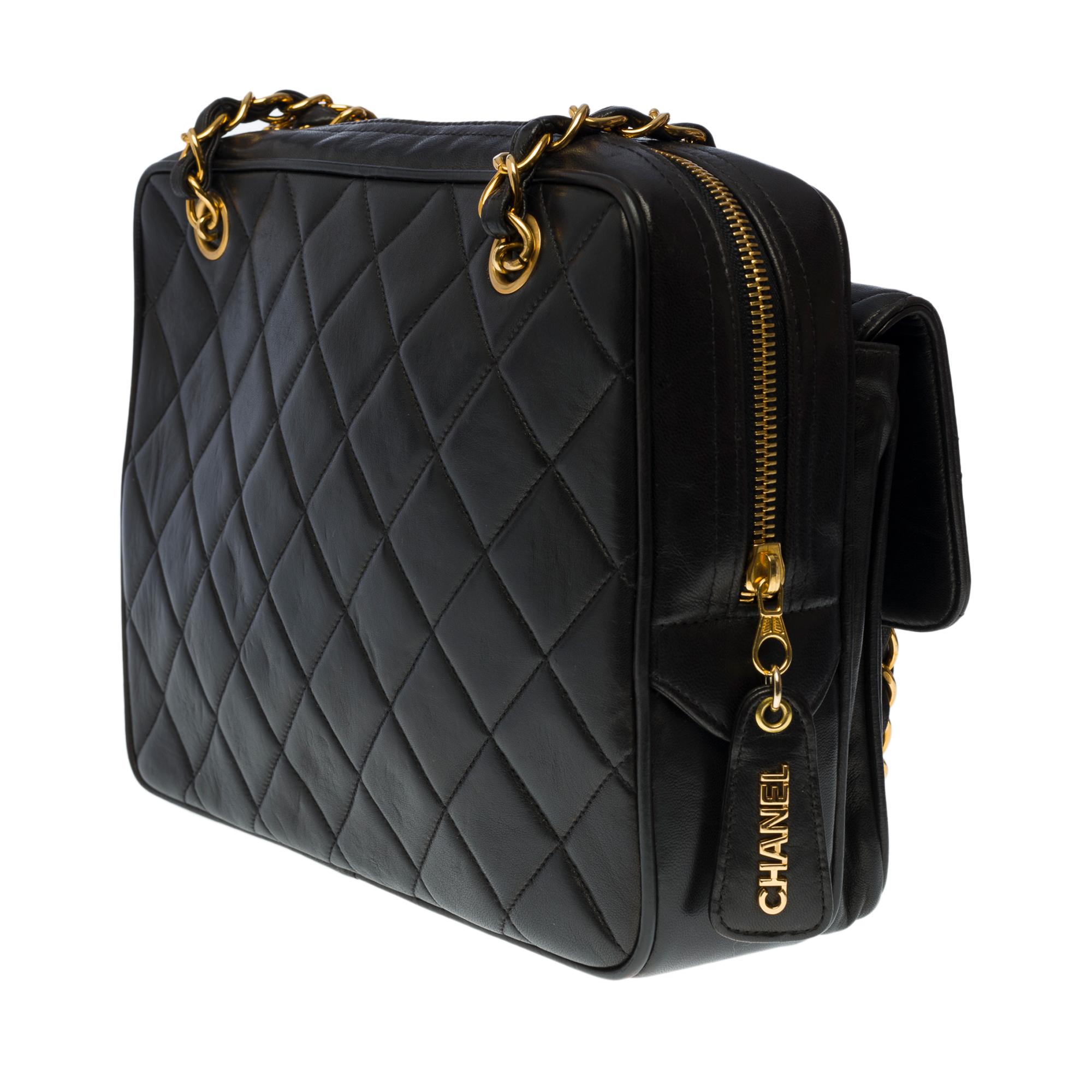 Black Chanel Camera GM shoulder flap bag in black quilted lambskin leather, GHW