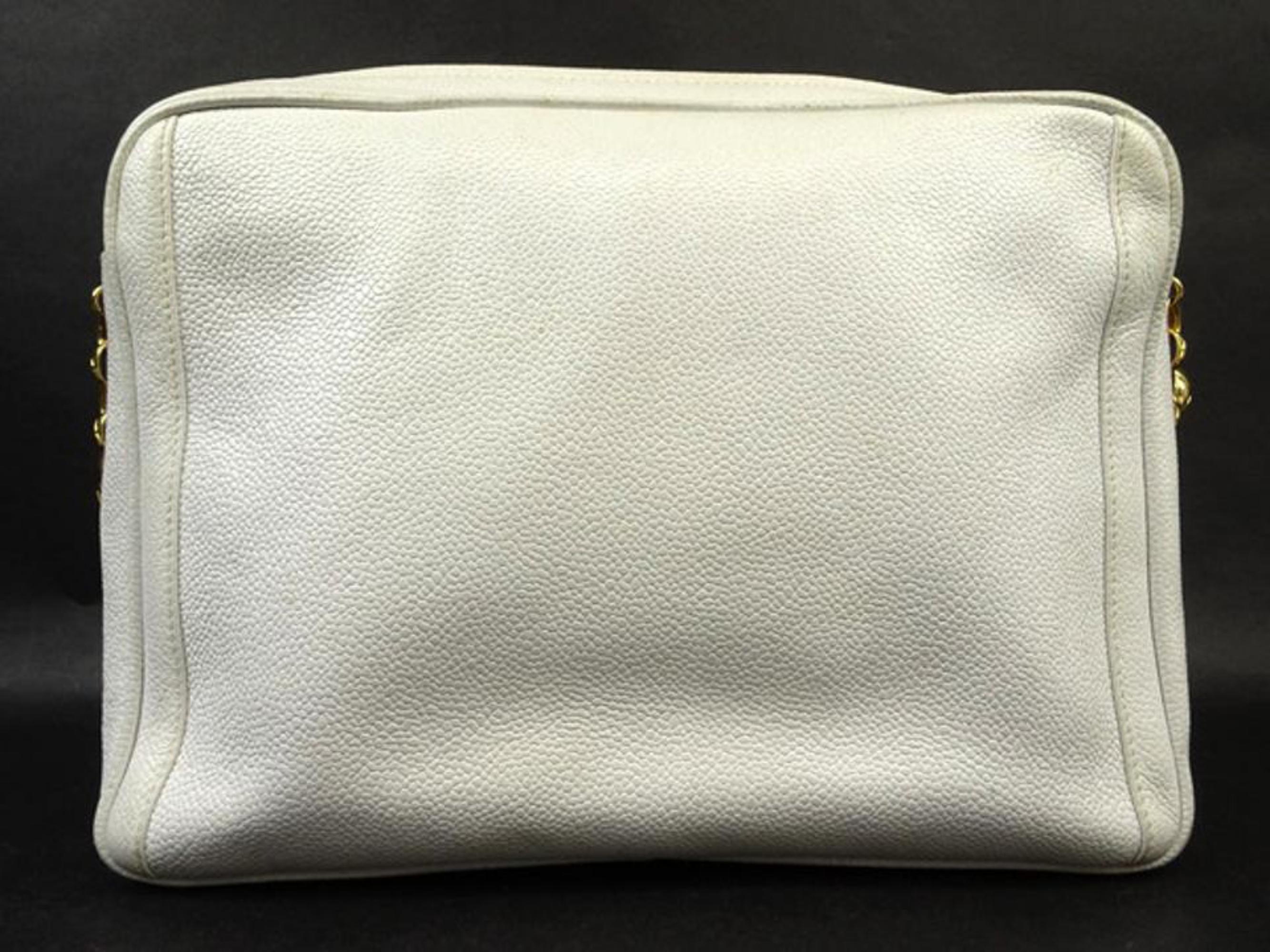 Chanel Camera Large Caviar Cc Logo Flap 220510 White Leather Shoulder Bag For Sale 1