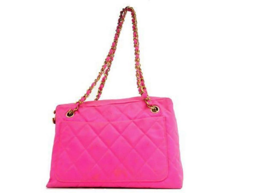 Chanel Camera Quilted Neon Hot Cc Charm Chain Tote 231187 Pink Canvas Shoulder B For Sale 7