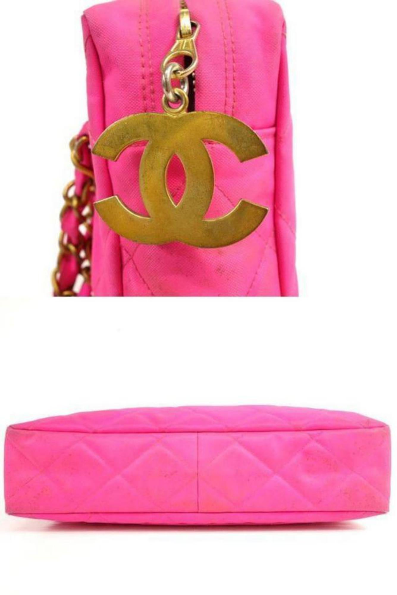 Chanel Camera Quilted Neon Hot Cc Charm Chain Tote 231187 Pink Canvas Shoulder B For Sale 4