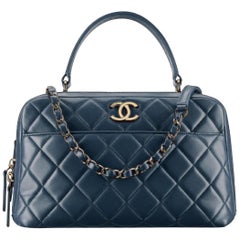 Vintage Chanel Camera Quilted Small Trendy Cc Bowling 2way 2ce0109 Blue Leather Satchel