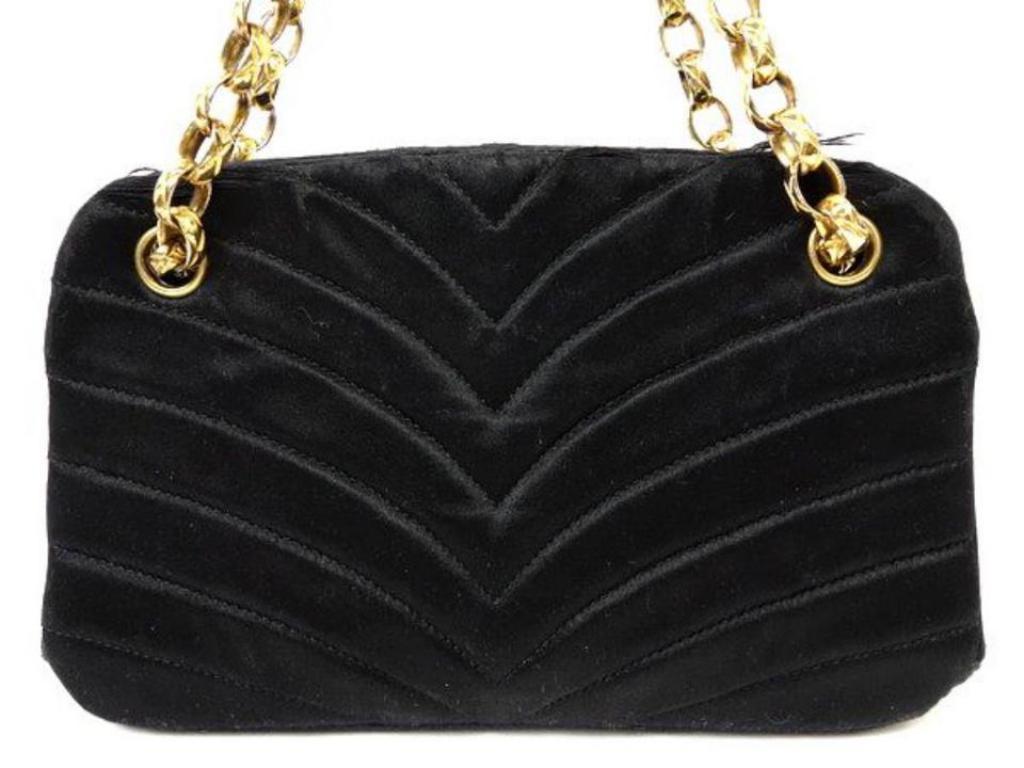 Chanel Camera Satin 224343 Black Quilted Chevron Shoulder Bag For Sale 1