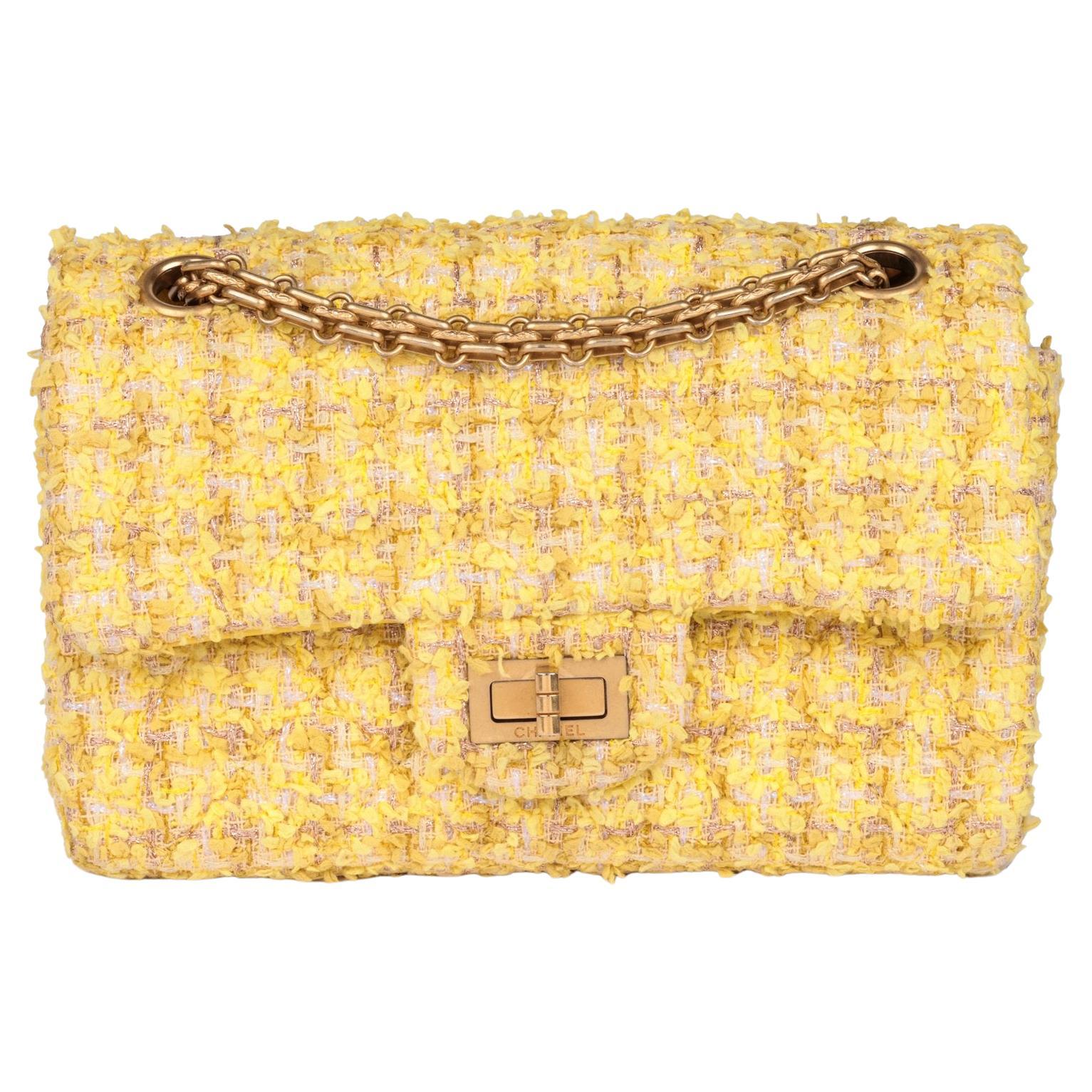 CHANEL Canary Yellow Tweed Fabric 224 2.55 Reissue Double Flap Bag For Sale