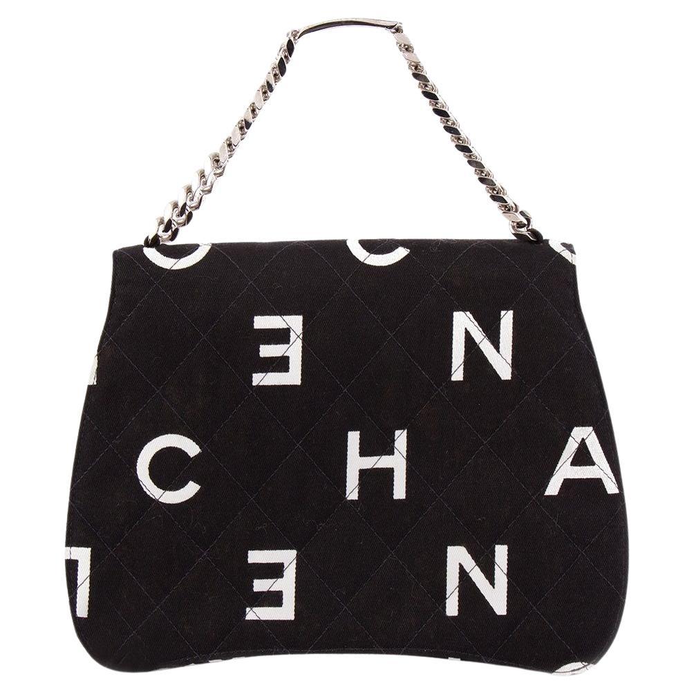 Chanel Canvas Black White Classic Flap Name Plate Chain Shoulder Clutch For Sale 6