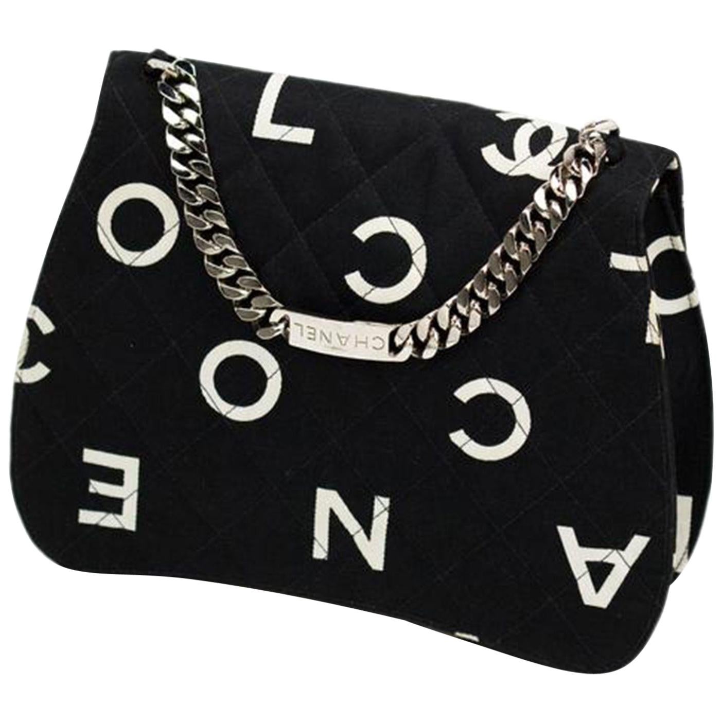 Chanel Canvas Black White Classic Flap Name Plate Chain Shoulder Clutch For Sale 8