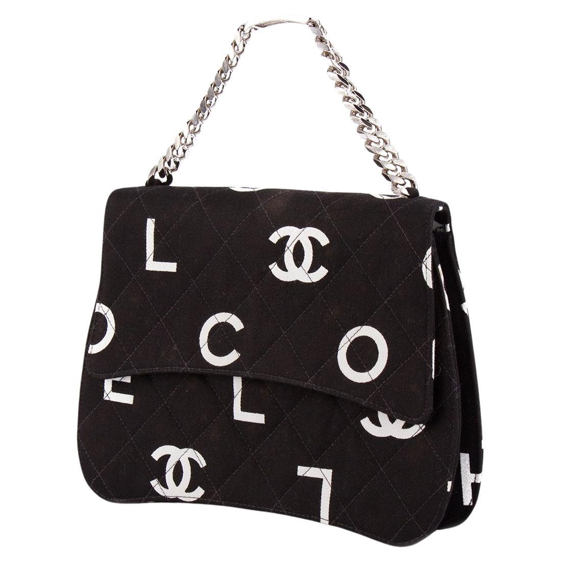 Chanel Canvas Black White Classic Flap Name Plate Chain Shoulder Clutch For Sale 3