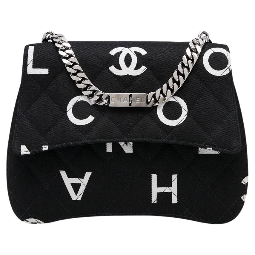 Chanel Canvas Black White Classic Flap Name Plate Chain Shoulder Clutch For Sale 4