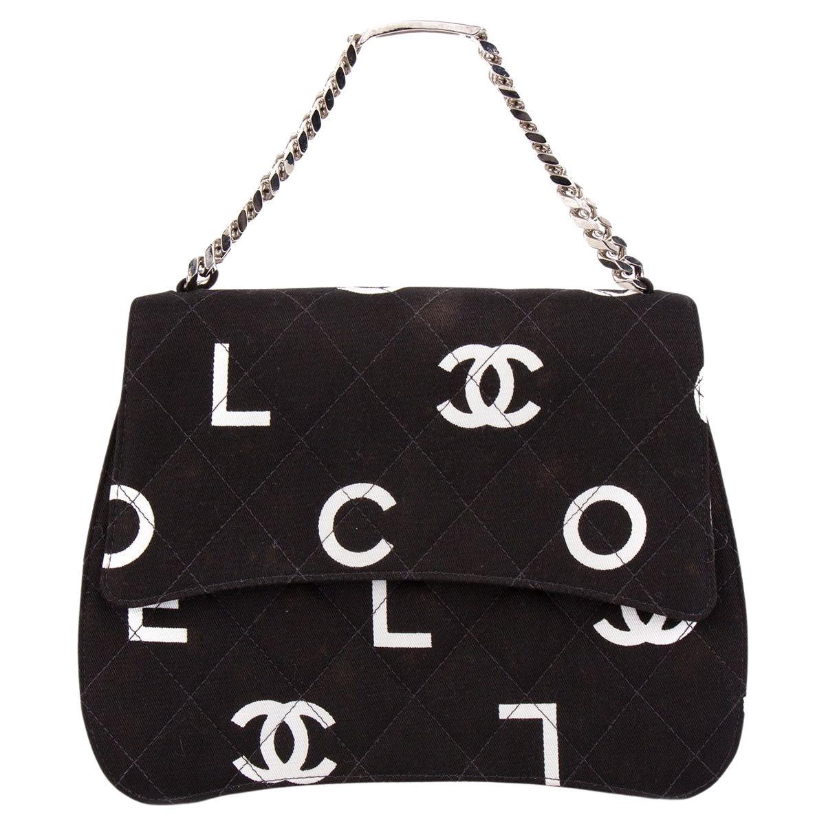 Chanel Canvas Black White Classic Flap Name Plate Chain Shoulder Clutch For Sale