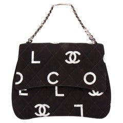Chanel Canvas Black White Classic Flap Name Plate Chain Shoulder Clutch