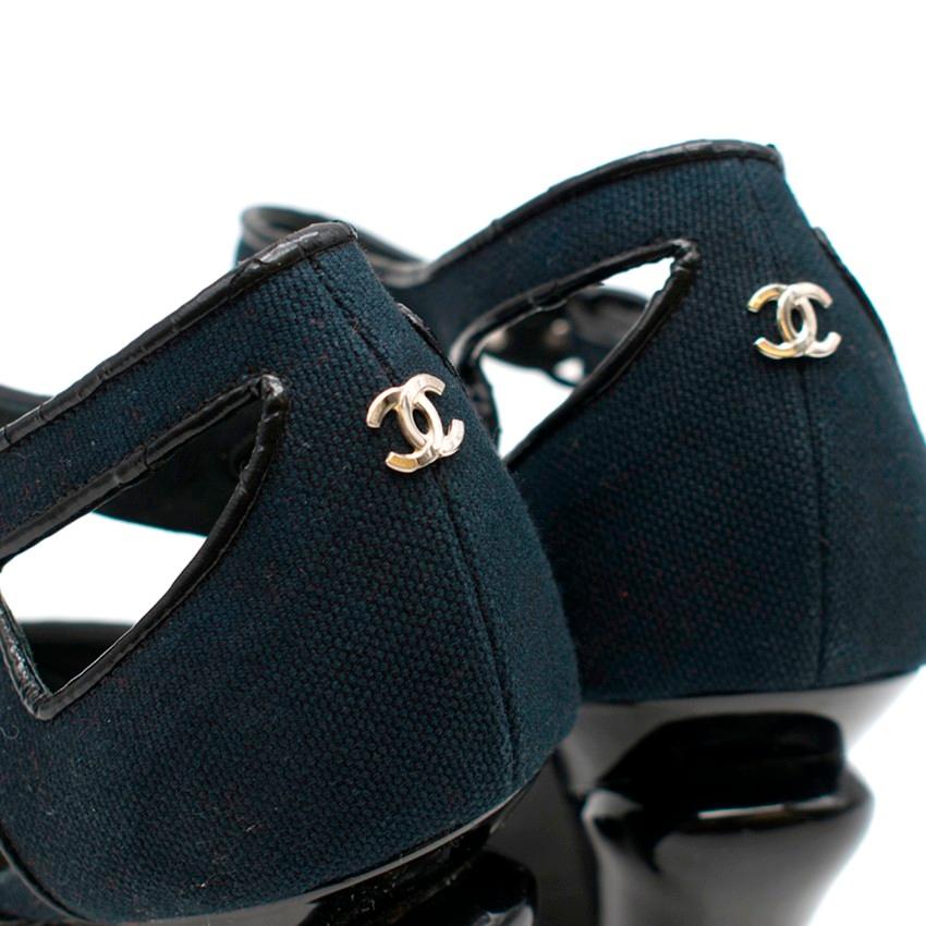 Black Chanel Canvas & Patent Leather Peep-Toe Cut-Out Sandals US 7