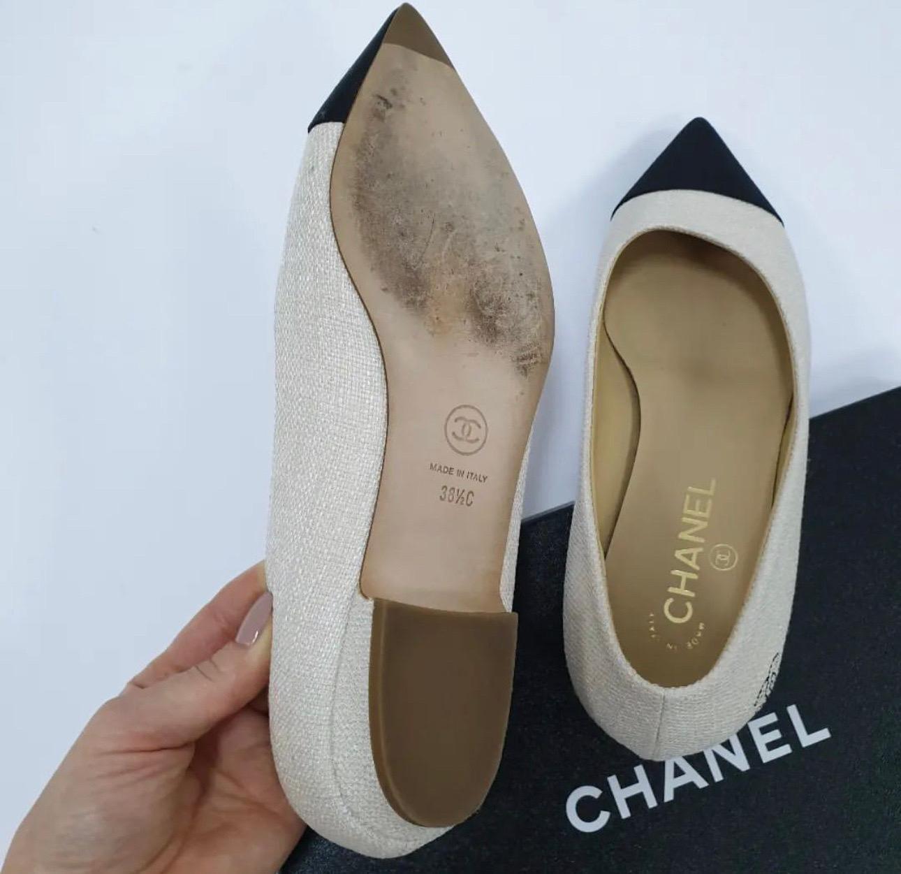Chanel Cap Toe Beige Textile Flats For Sale 2