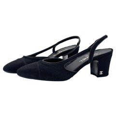Chanel Cap Toe Black Ponyhair CC Logo Block Heel Slingback Pumps 40