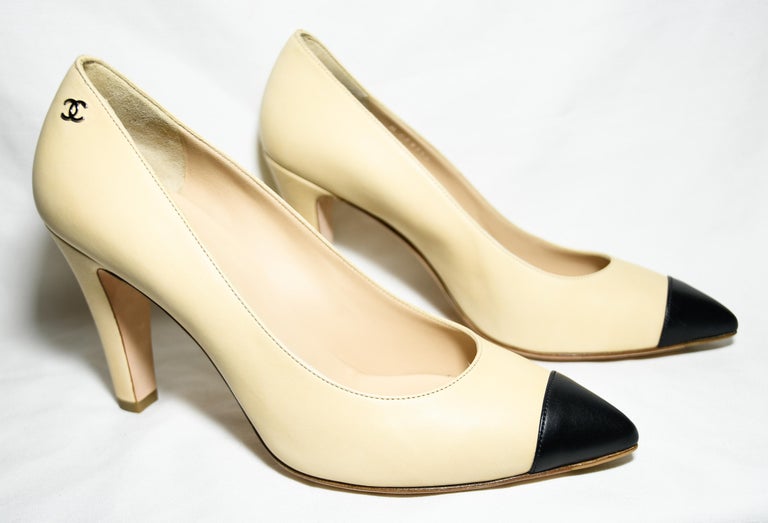 Chanel Cap Toe Pumps Beige and Black with CC Back Heels