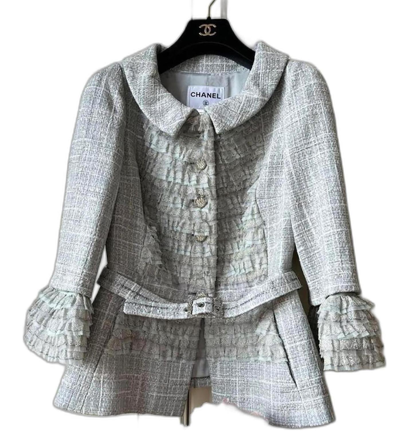 Famous Chanel lesage tweed jacket - icon of 2013 Cruise Paris / Versailles Collection, 13C 
Retail price ca. 13,000$, price at ebay over 8,000$
- stunning jewel CC buttons 
- ruffles detailing 
- full silk lining 
Size mark 42 fr. Only tried once.