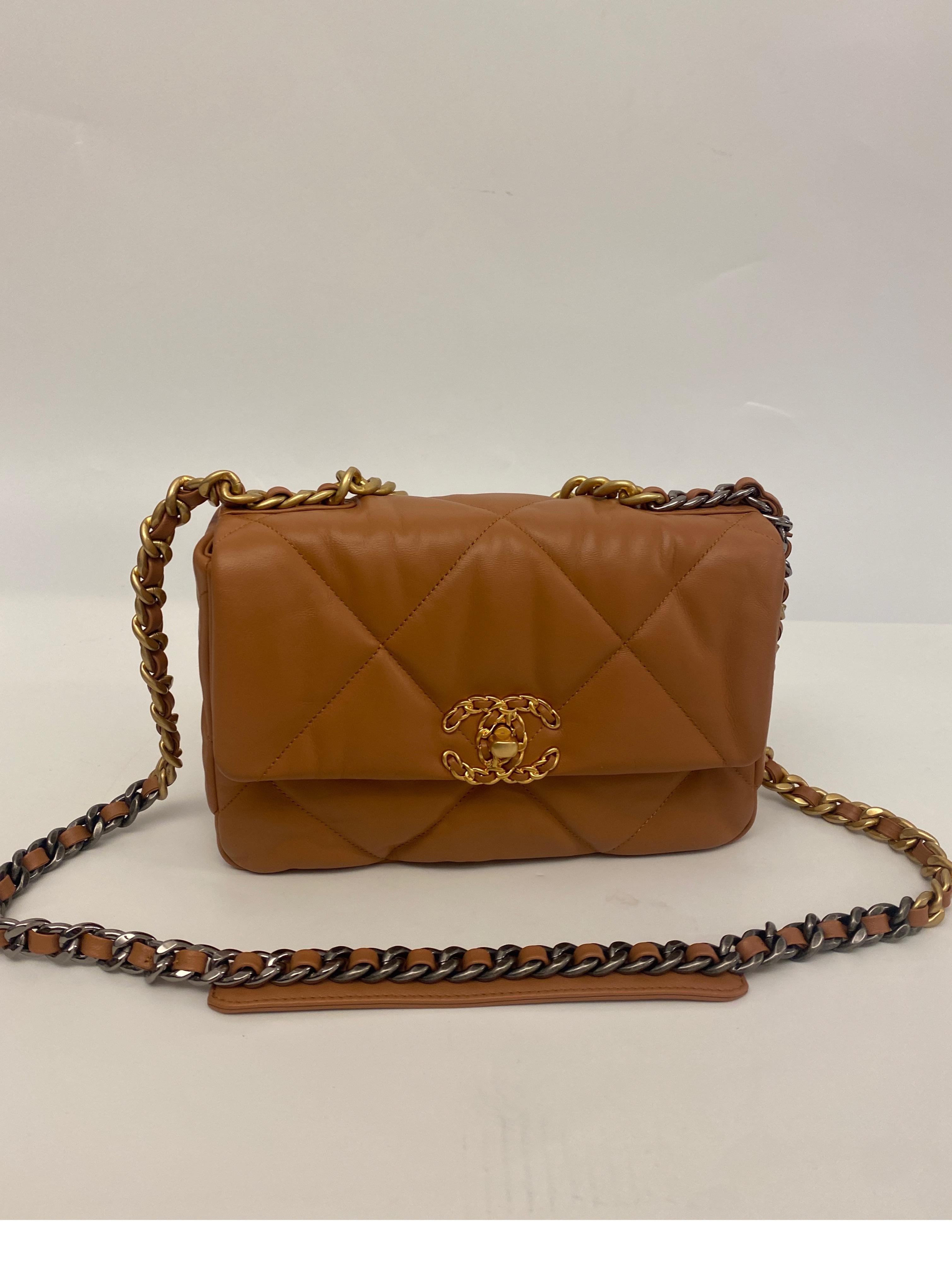 Classic Chanel Caramel 19 flap bag for 1st Dibs Roselle bag 

Comes with Duster bag 
Serial Number 30425943 with card 
Pristine condition 9.9 out of 10 condition 
Stored in Closet 
Made in Italy 
Special order for 1st dibs client and source 
Final