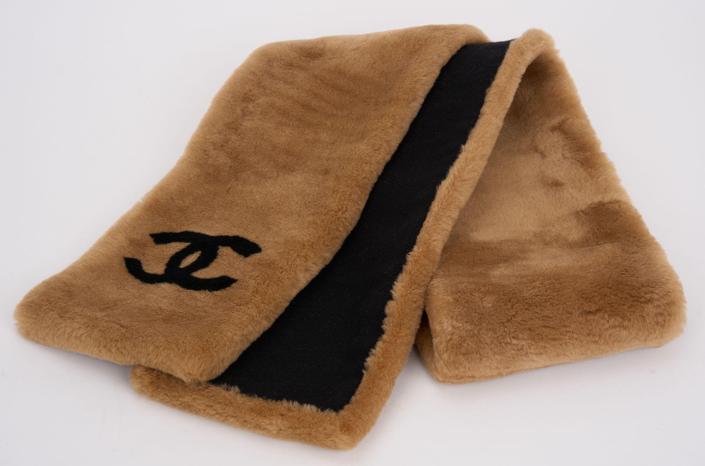 Brown Chanel Caramel Shearling Logo Scarf For Sale