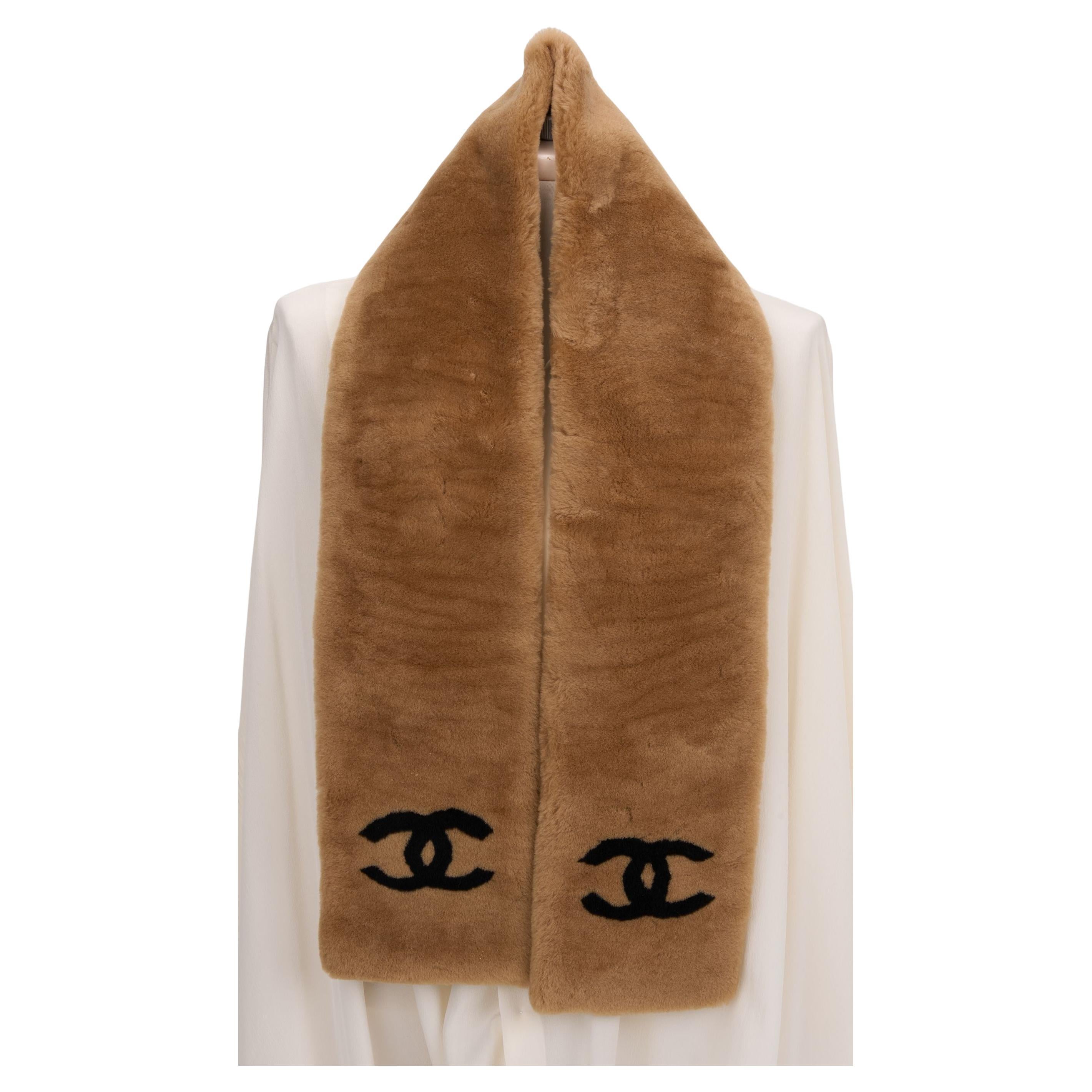 Chanel Caramel Shearling Logo Scarf For Sale