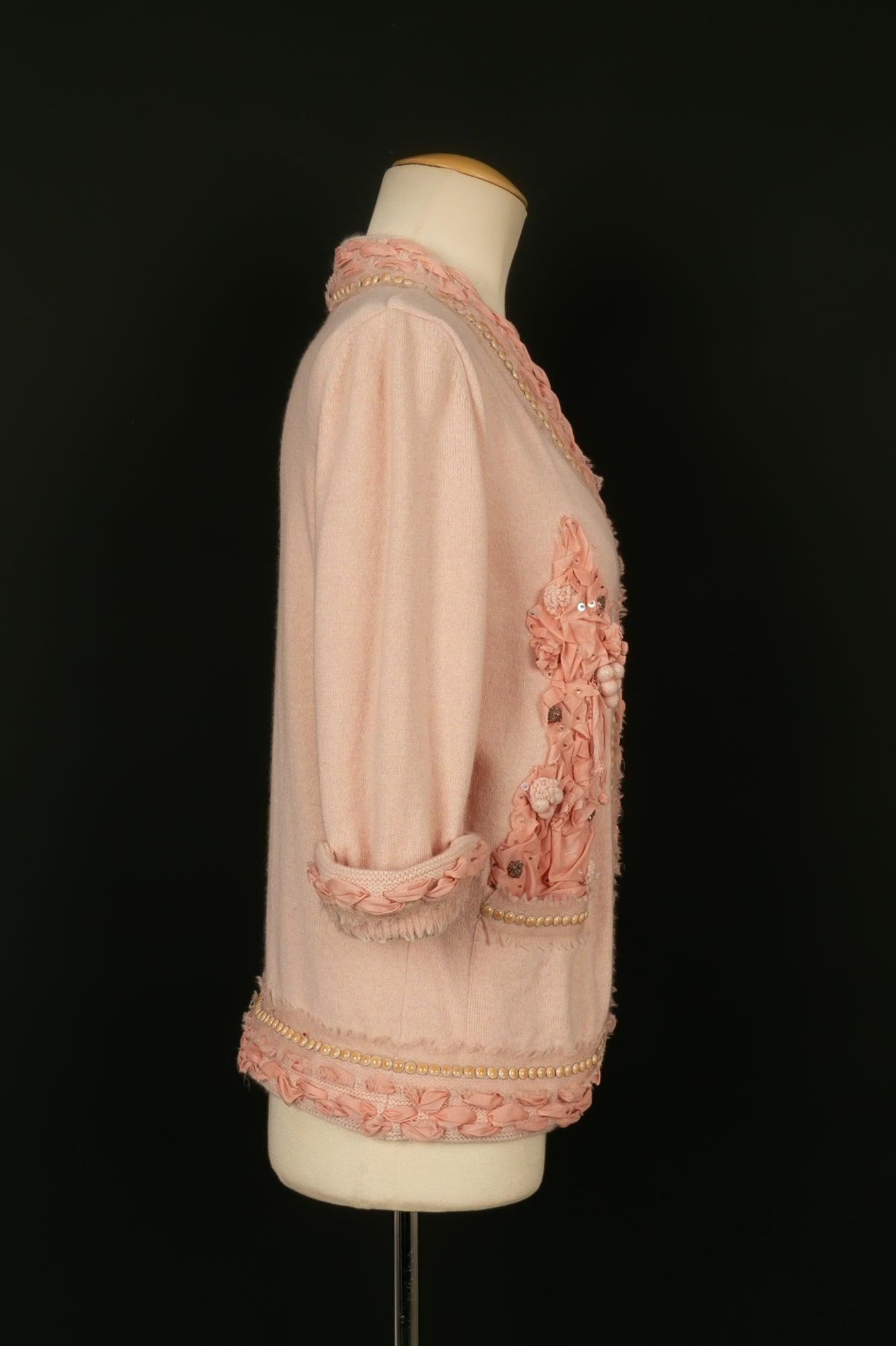 Women's Chanel Cardigan in Pink Cashmere Enhanced with Ribbons, Pearls For Sale
