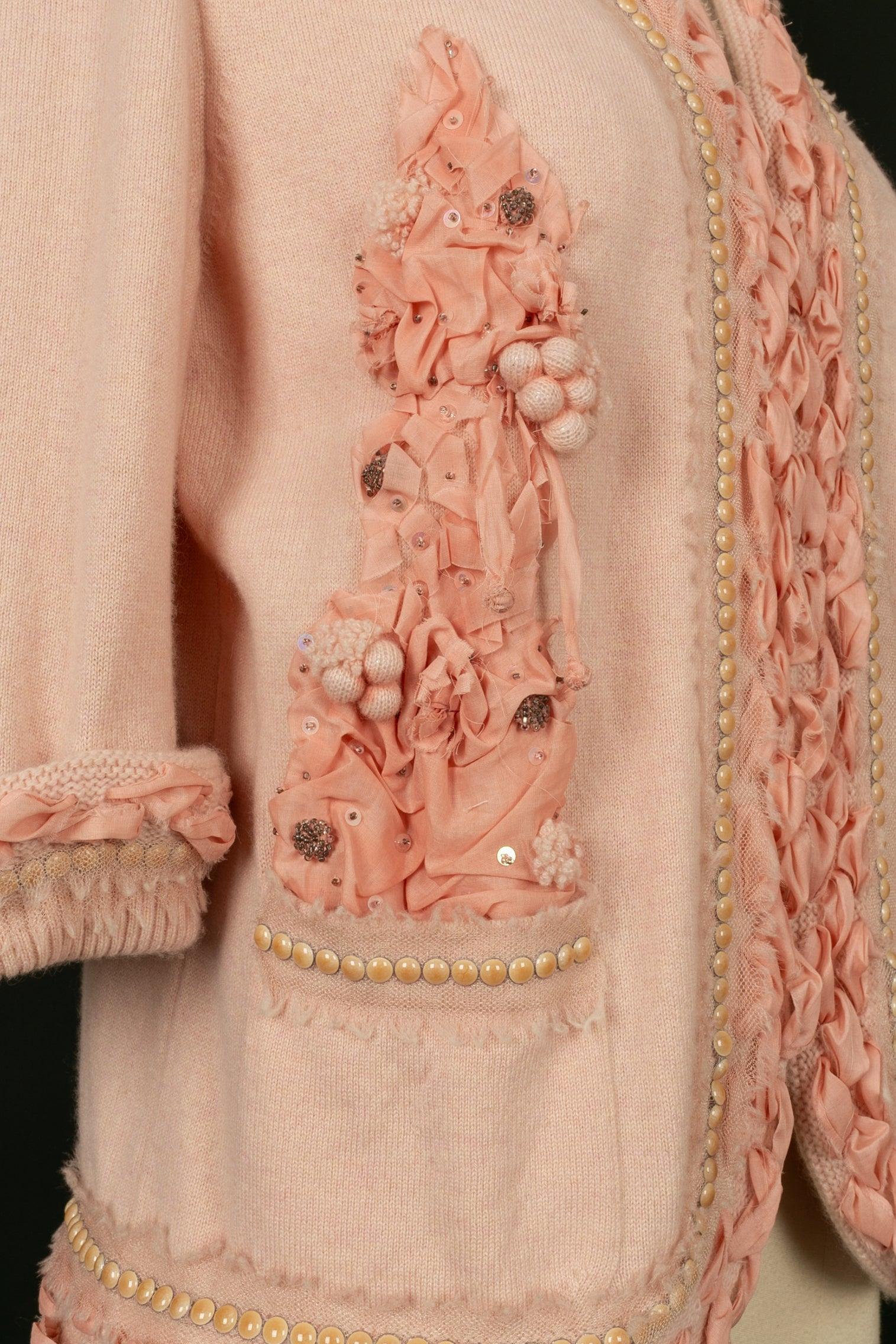 Chanel Cardigan in Pink Cashmere Enhanced with Ribbons, Pearls For Sale 1