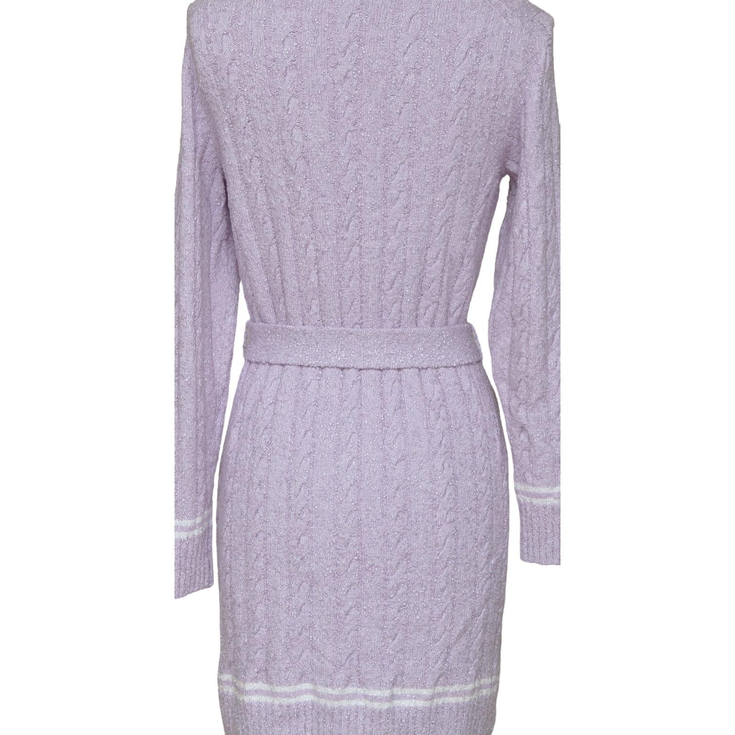 CHANEL Cardigan Sweater Knit Top Lavender White Long Sleeve Belt V-Neck 34 2022 For Sale 6