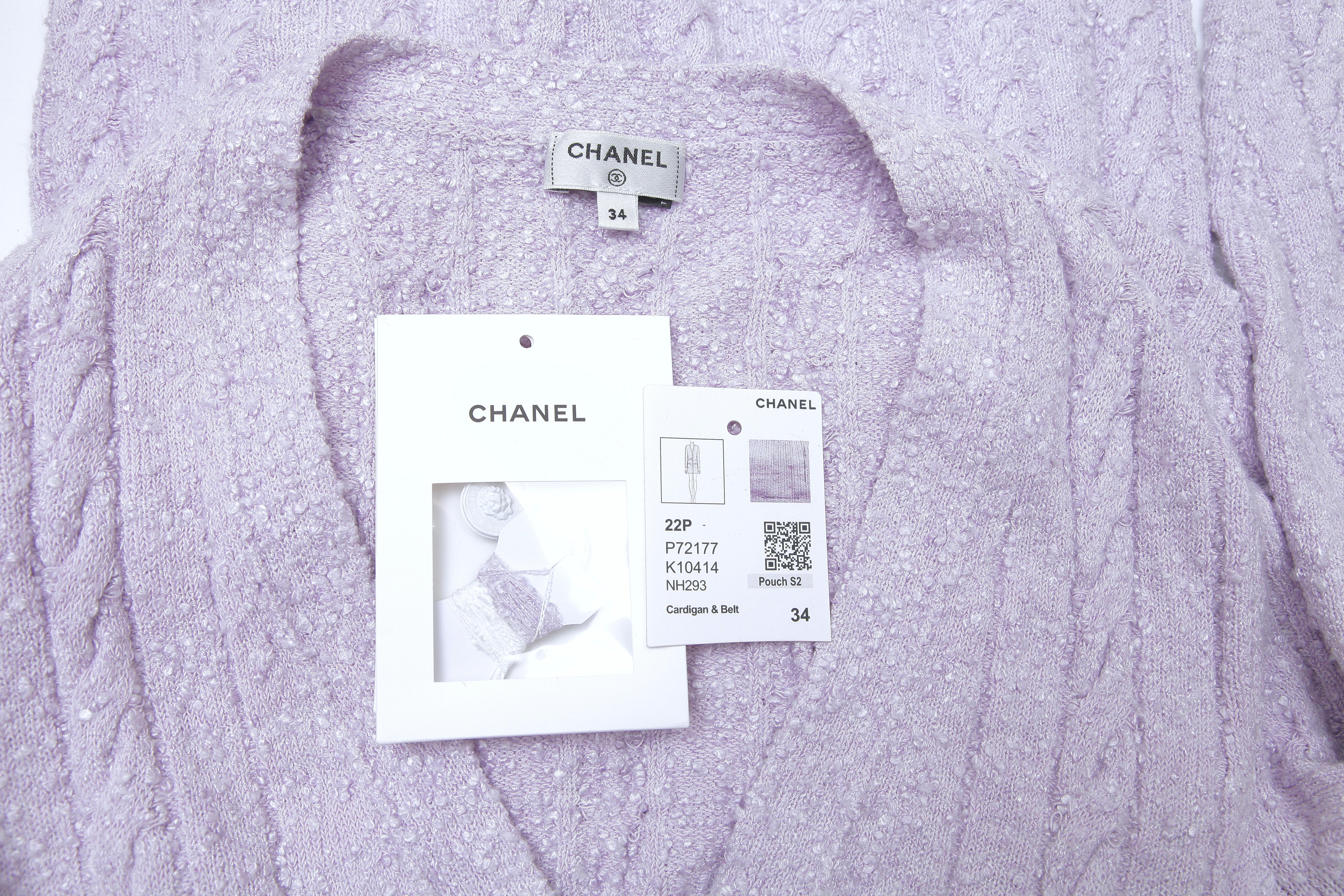 CHANEL Cardigan Sweater Knit Top Lavender White Long Sleeve Belt V-Neck 34 2022 For Sale 7