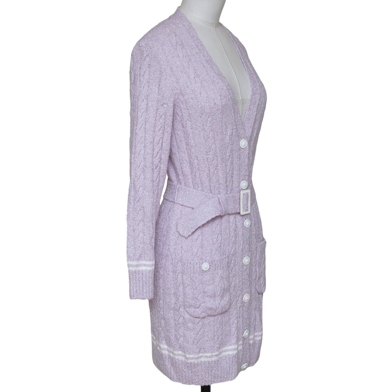 GUARANTEED AUTHENTIC CHANEL 22P LAVENDER LONG CARDIGAN

Design:
 - From the Spring 2022 collection lavender longer cardigan with white striped accent.
 - V-Neck.
 - Long Sleeve.
 - Button Down.
 - Detachable belt.
 - Dual patch pockets at hips.
 -